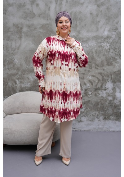 Polologin Butik Desenli Bordo Beyaz Uzun Tunik Bordo