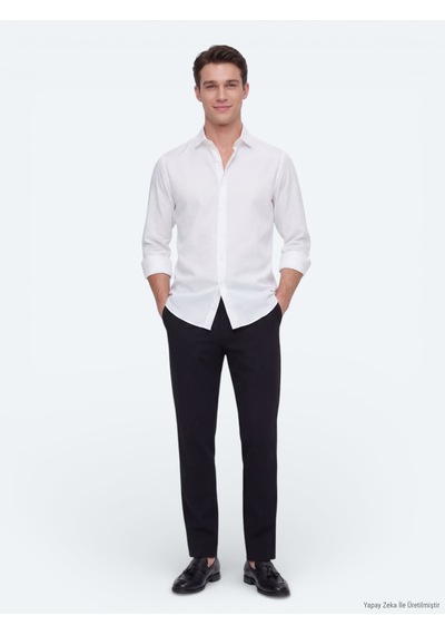 Kip Beyaz Düz Regular Fit Uzun Dokuma Casual Gömlek Beyaz