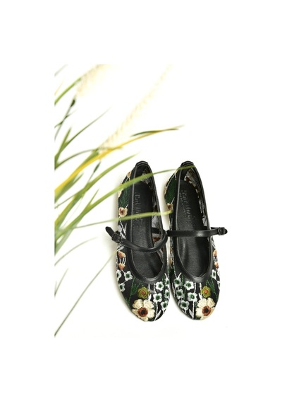 Fox Shoes U820085515 Siyah File Çiçek Motifli Kadın Babet Siyah-file Siyah
