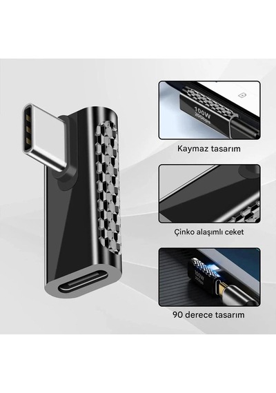 Type C Dişi Erkek Çevirici Usb C Dik Açılı 20gbps 90 Derece Adaptör 100w