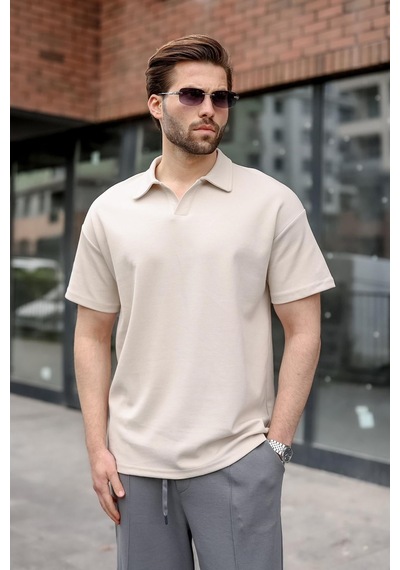 Madmext Taş Rengi Polo Yaka Oversize Erkek Tişört E7185