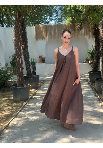 Yazlık Keten Askılı Oversize Elbise Kahverengi
