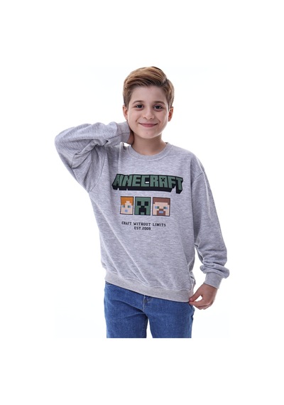 Minecraft Baskılı Erkek Çocuk Sweatshirt Gri Gamer Oyun Temalı Gri