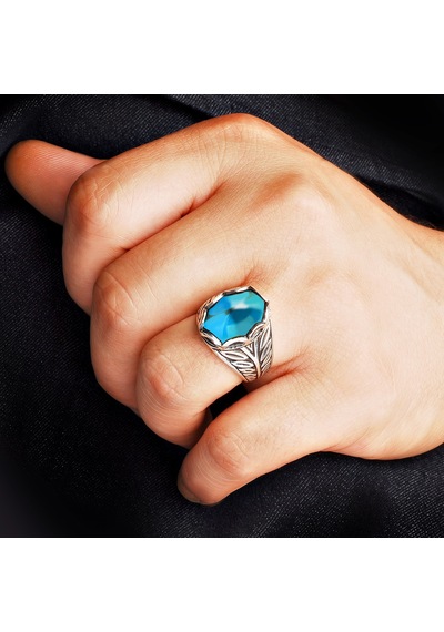 Kuyumcudukkanı Düz Oval Kubbe Kesim Taşlı Gümüş Erkek Yüzük-60007-w-blu 21 Beyaz
