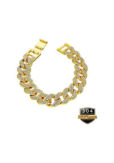 18k Altın Kaplama 15mm Buzlu Cuban Bileklik,taşlı Miami Curb Iced Out, Ahşap Kutu İçerisinde Altın Altın