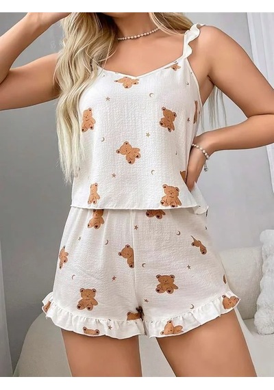 Atyticaret Kadın Pamuklu Ayıcık Desen Fırfırlı Askılı Şortlu Pijama Takımı Görsel
