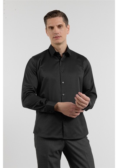 İmza Siyah Sert Yaka Uzun Kol Cepsiz Slim Fit Pamuklu Gömlek 1004255228