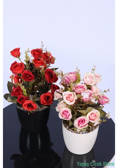 Yapay Çiçek Sitesi Plastik Saksıda Yapay Çalı Gülü Tanzimi 2'li Set 30 Cm Kırmızı - Somon Pembe