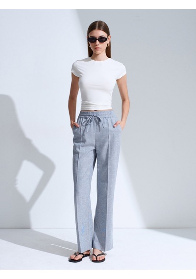 Dilvin 72730 Keten Karışımlı Bağcıklı Pantolon-mavi
