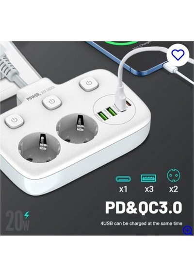 Akım Korumalı 2 Li Ayrı Anahtarlı Priz, 2x Priz, 3x Usb, 1x Type-c, 2 Mt Kablo, Hızlı Şarj