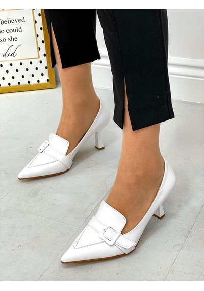 Ervanın Butiği Beyaz Cilt Kahlo Toka Detay Kadın Stiletto-3920