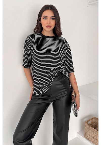 Noa & Noa Kadın Oversize Çizgili Tişört Monochrome Ease Siyah