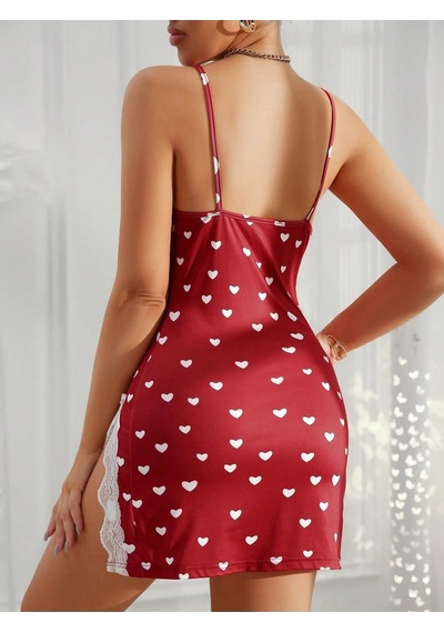 Bella Notte Romantik Kalp Desenli Yırtmaçlı Dantel Detaylı Gecelik Bordo