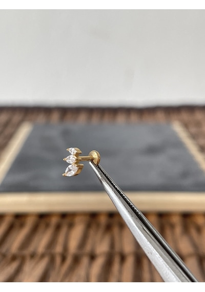 %100 Cerrahi Çelik Üç Markiz Zirkon 6 X 1.2 MM Altın Labret Piercing Altın
