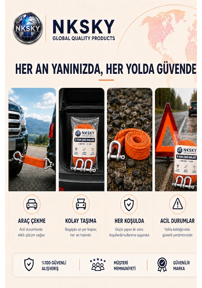 3 Ton Araç Çekme Halatı 3 Metre 5 Cm Genişlik Güçlendirilmiş Uçlu Oto Çeki Halatı