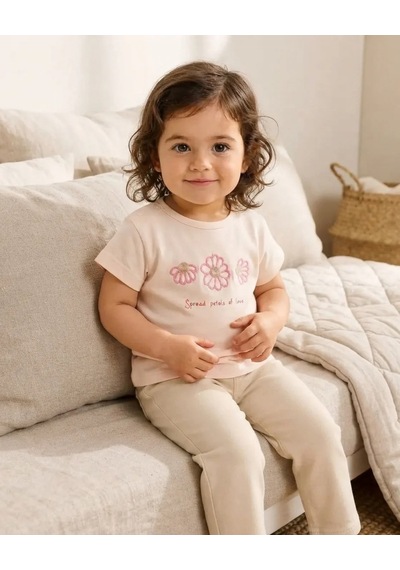 Tuffy Kız Bebek Açık Pembe Çiçek Detaylı T-shirt Rahat Kalıp