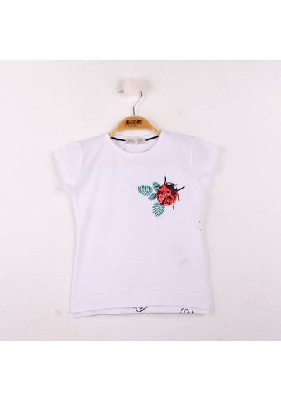 Toontoy Kids Kız Çocuk Tişört Uğur Böceği Nakışlı Beyaz