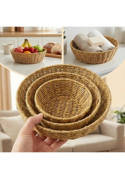 Buffer 3 Lü Plastik Rattan Çanak Seti Hasır Görünümlü İç İçe Geçebilen Sunum Ve Çok Renkli