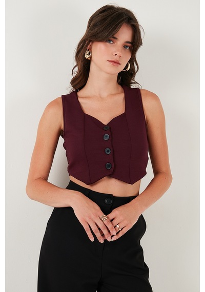 Lela Slim Fit Kalp Yaka Düğmeli Kalın Askılı Crop Bayan Yelek 5865497 Bordo