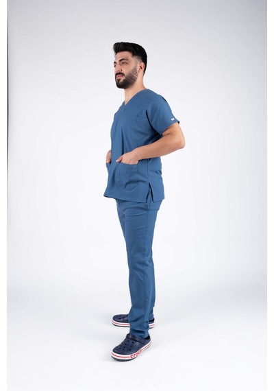 İndigo Mavi Likralı Erkek Hemşire Ve Doktor Forması Takımı Scrubs Hastane Üniforması