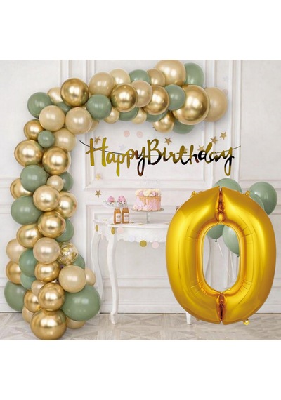 0 Yaş Pompa Hediyeli Doğum Günü Seti Gold Banner Krom Gold Küf Yeşili Kum Beji Balonlar Gold Folyo Rakam Çok Renkli