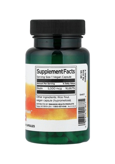Swanson Vitamins, Biotin, 5,000 Mcg, 100 Vegan Capsules