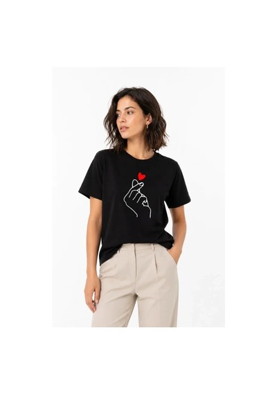 Defymoda Kore Parmak Kalp Aşk Temalı Minimal Baskılı Tişört Yazlık Kısa Kol T-shirt - Siyah
