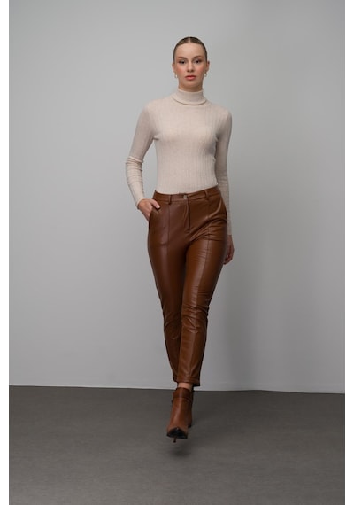 Olcay Deri Görünümlü Dikiş Detaylı Skinny Fit Pantolon Taba 7562