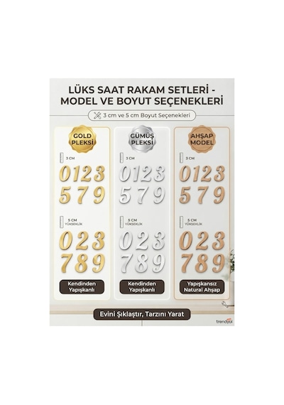 Lüks Saat Rakam Seti Gold, Gümüş Pleksi & Ahşap Modellere Özel - 3 Cm Ve 5 Cm Kendin Yap Saat Rakamları 6'lı Set