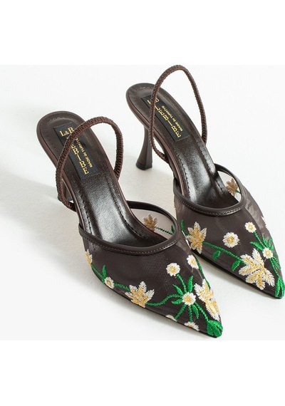 Lebibe Shoes Daısy Çiçek İşlemeli Tül Dokulu 7cm Bantlı Kahverengi Topuklu Ayakkabı