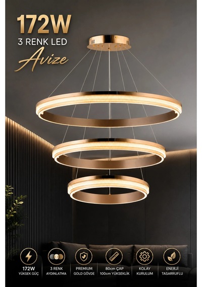 Modern Premium Led Sarkıt Avize Gold Kasa Halka Tasarım Salon Yemek Odası Avizesi 172w 3 Renk Beyaz