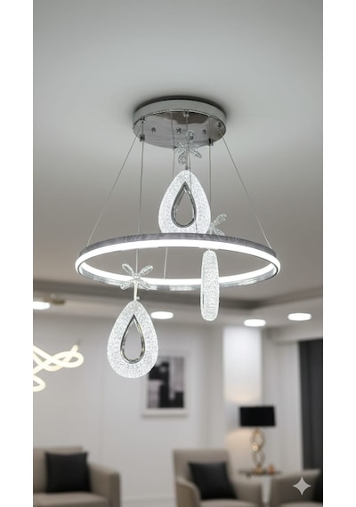 Bohem Aydınlatma 3'lü Çift Taraflı 3renk Led Halka Badem Sarkıt Modern Salon/oda/yatak/antre Avizesi Krom
