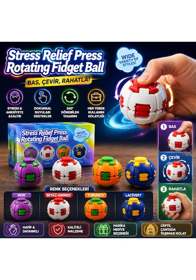 Masita Stress Relief Press Rotating Fidget Ball / Bas Çevir Rahatla 360 Derece Dönen Stres Giderici Fidget Topu 1 Adet
