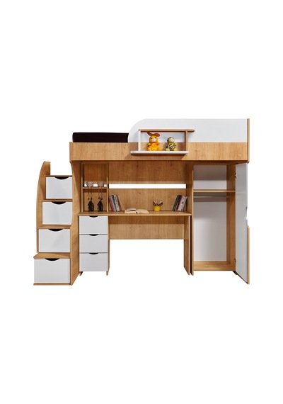 Ranza, Litera Ranza Dolap Çalışma Masası Açık Ceviz-Beyaz + 1 Adet Comfort Yatak 90 x 190 Cm Ranza, Litera Ranza Dolap Çalışma Masası Açık Ceviz-Beyaz + 1 Adet Comfort Yatak 90 x 190 Cm