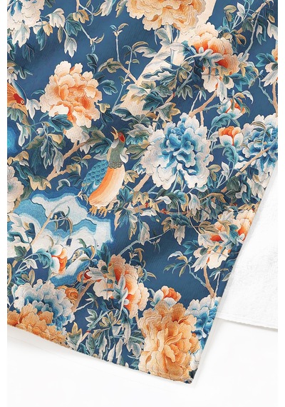 Çiçekli Kuşlu Vintage Şık Plaj Havlusu - Mavi Turuncu Bohem Akdeniz Hızlı Kuruyan Mikrofiber Havlu Sakin Gölgesi