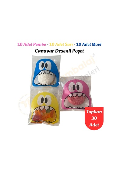 30 Adet Pembe-sarı-mavi Renkli Canavar Desenli Cake Pop & Kurabiye Poşeti-10x15 Cm