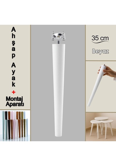 Ahşap Ayak 35 Cm Beyaz M8 Civatalı Bağlantı Aparatlı Mobilya Tabure Sehpa Masa Destek Ayağı Beyaz