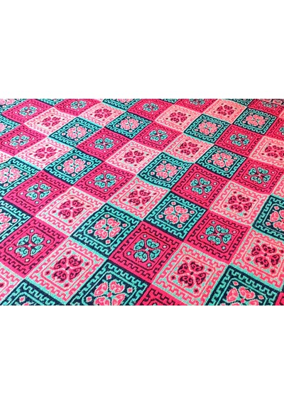Çift Taraflı 3 Mekik Karo Desen Pamuklu Makine Dokuma Kilim Kırmızı - Yeşil - Siyah