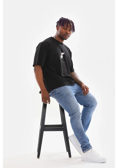 Erkek Baskılı T-shirt Yazlık Kısa Kol Bisiklet Yaka Tişört - Siyah