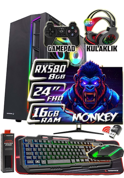 Warbox Monkey Xeon X5650 16 GB 256 GB SSD + 250 GB HDD RX580 8 GB 24" W10P Masaüstü Bilgisayar