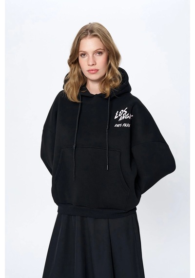 Olla Collection Sırtı Baskılı Kanguru Cepli Kapüşonlu Sweatshirt Siyah Siyah
