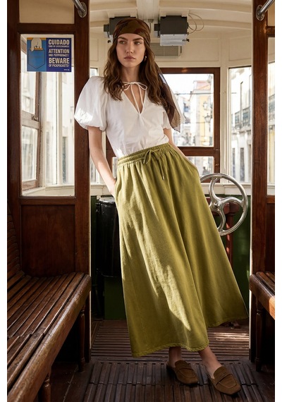 Olcay Beli Lastikli Soft Denim Etek Yağ Yeşili 7068