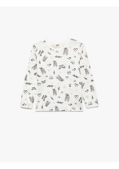 Koton Bisiklet Yaka Bale Baskılı Ekru Kız Çocuk Uzun Kollu T-shirt 6wkg10140ak Ekru