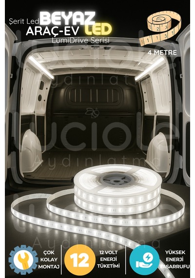 Lumidrive 4m Beyaz Araç Şerit Led Işık 12v, 240 Çipli, Yapışkanlı, Kesilebilir, Kablolu Sistem