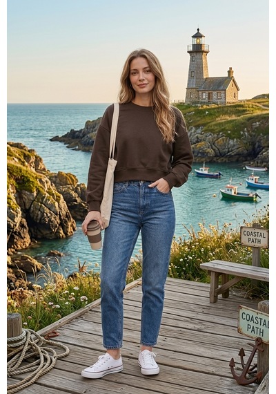 Luxıc Core Kadın Crop Bisiklet Yaka Sweatshirt Pamuklu Yumuşak Dokulu Günlük Spor Sweatshirt Kahverengi