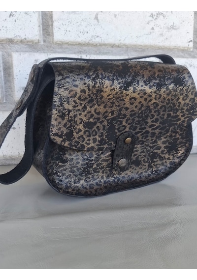 Medorya Design Dore Işıltılı Siyah Leopar Hakiki Deri Mini Çanta Altın - Siyah