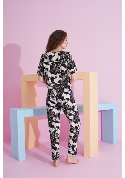 Siyah İnci Likralı Örme Pijama Takım 7802 Zebra Desen