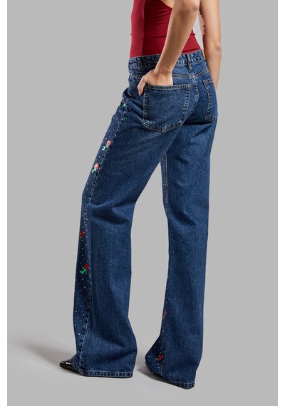 Itsbasic Kadın Kot Rengi T2w48 Çiçek Baskılı Parlak Taşlı Loose Fit Tasarım Denim Jean Kot Rengi Çiçek Baskılı