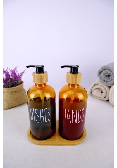 Digithome 2 Li Ahşap Standlı Cam Sıvı Sabun Ve Bulaşık Deterjanı Şişesi Sabunluk Amber 500 Ml - D/11 C1-1-289