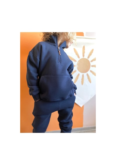 Heyadventure Erkek / Kız Çocuk Dik Yaka Sweatshirt Kanguru Cepli 3 İplik Şardonlu Lacivert Lacivert